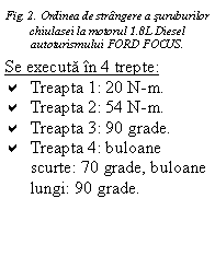 Text Box: Fig. 2. Ordinea de strangere a suruburilor chiulasei la motorul 1.8L Diesel autoturismului FORD FOCUS.
Se executa in 4 trepte:
a	Treapta 1: 20 N-m.
a	Treapta 2: 54 N-m.
a	Treapta 3: 90 grade.
a	Treapta 4: buloane scurte: 70 grade, buloane lungi: 90 grade.

